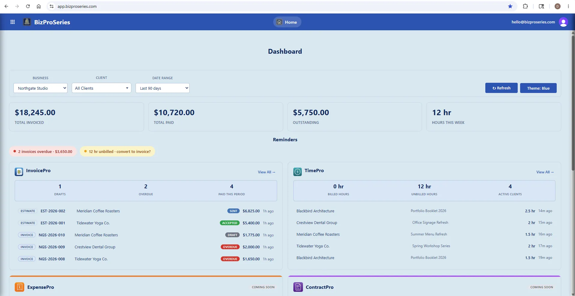 BizProSeries dashboard in blue theme