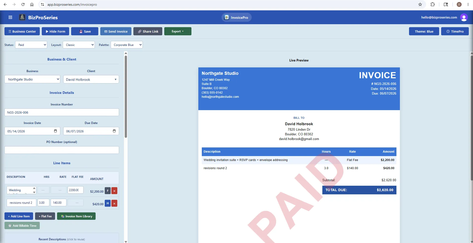 Invoice editor showing a paid invoice