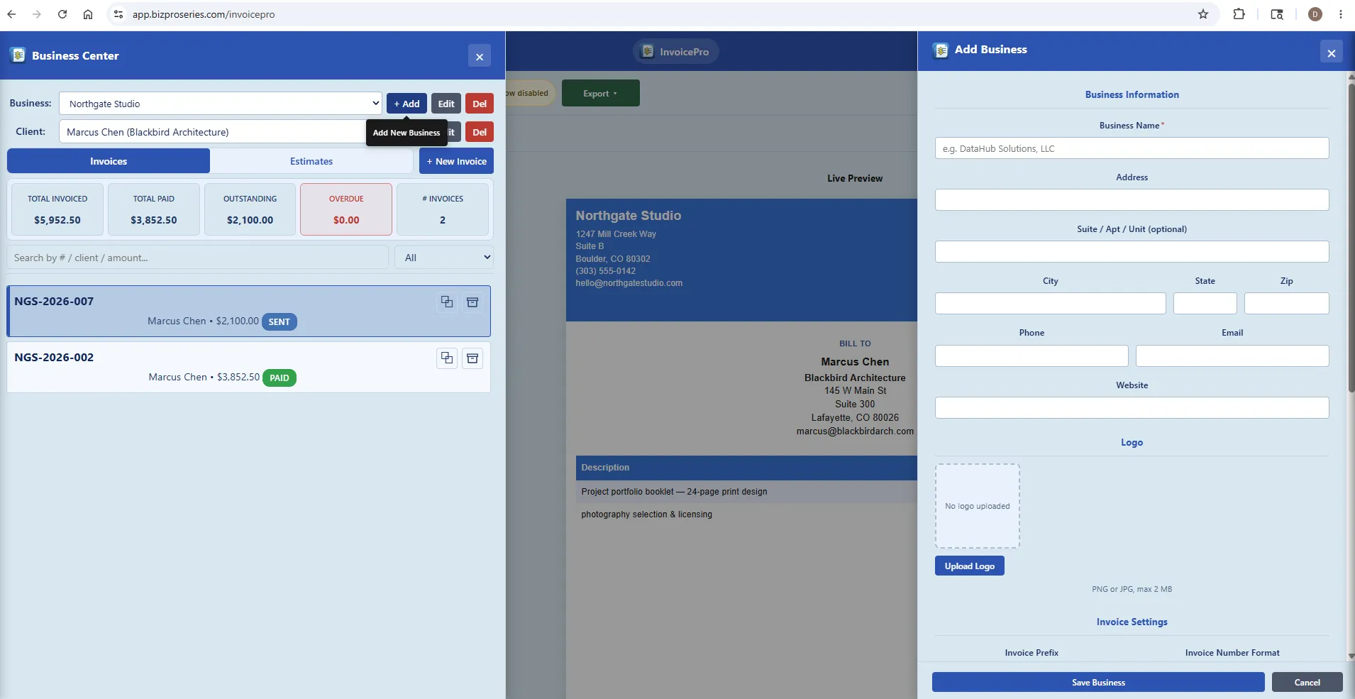 Business center with multiple businesses listed