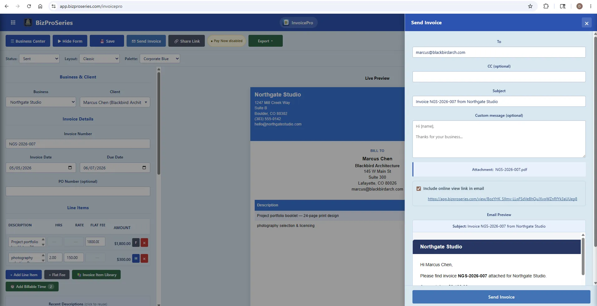 Send invoice panel with magic-link client portal email