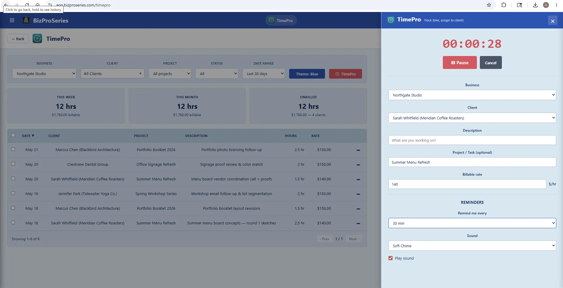 TimePro live timer running