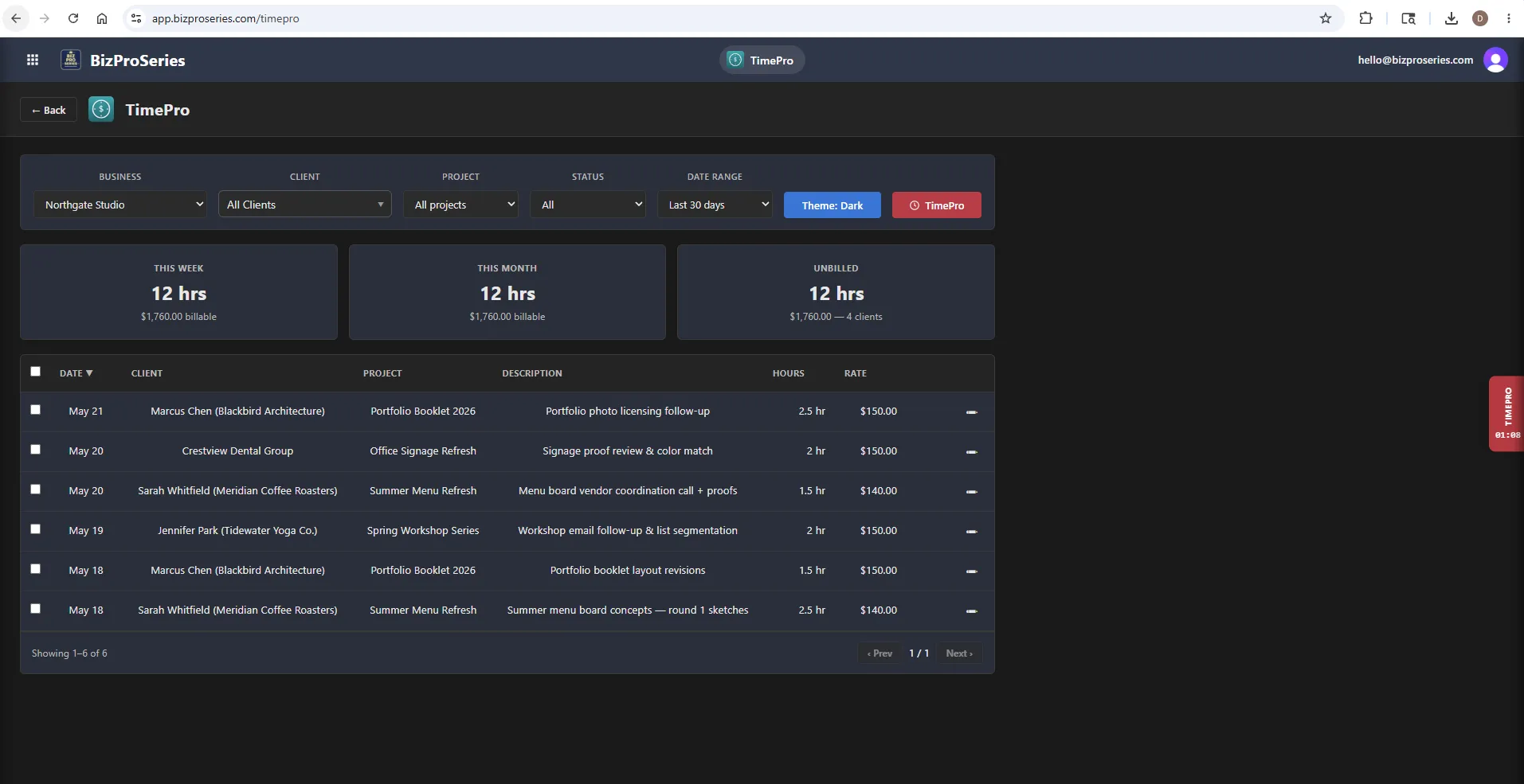 TimePro in dark theme