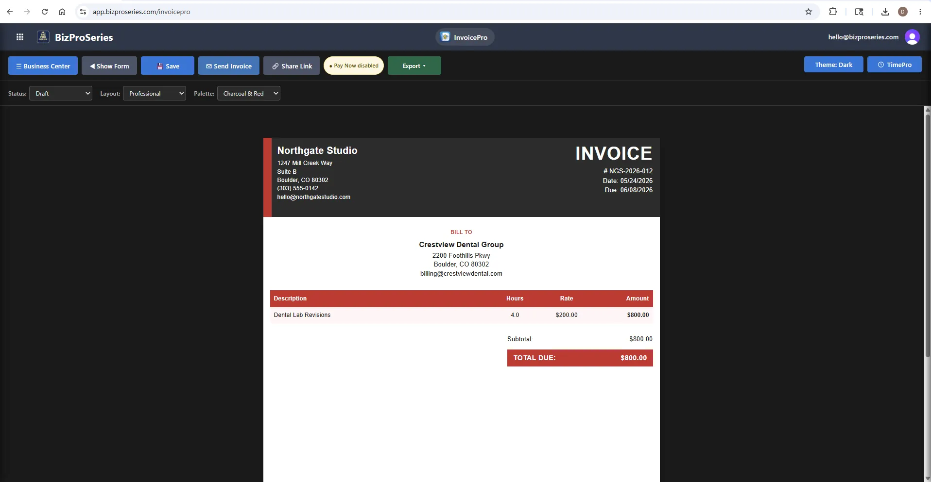 Invoice preview for Crestview Dental Group